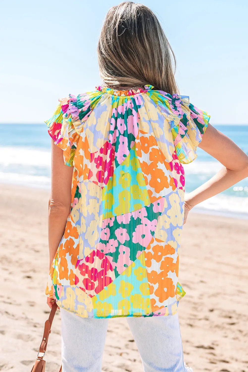 Multicolour Leopard Flutter Sleeve V Neck Crinkled Blouse - Love Salve